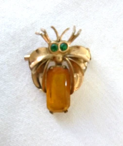 Vintage Gold Plated "Bug" Pin Glass Eyes Faux Topaz (Glass) Body 1.5" - Picture 1 of 3