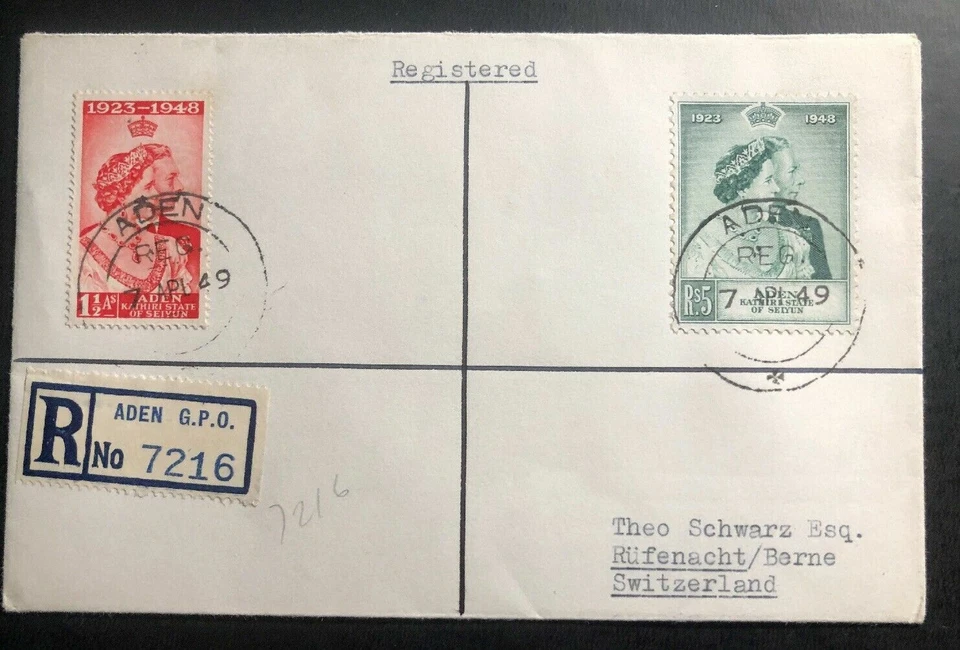 1949 Aden First Day Cover FDC Sc# 30 & B15 George VI Royal Silver Wedding - Image 1 of 2