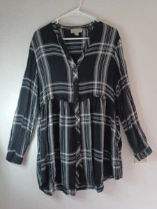 Charlie Paige Plaid Flannel Tunic Top Dress Metallic Size M/M Pockets Button  - Picture 1 of 18
