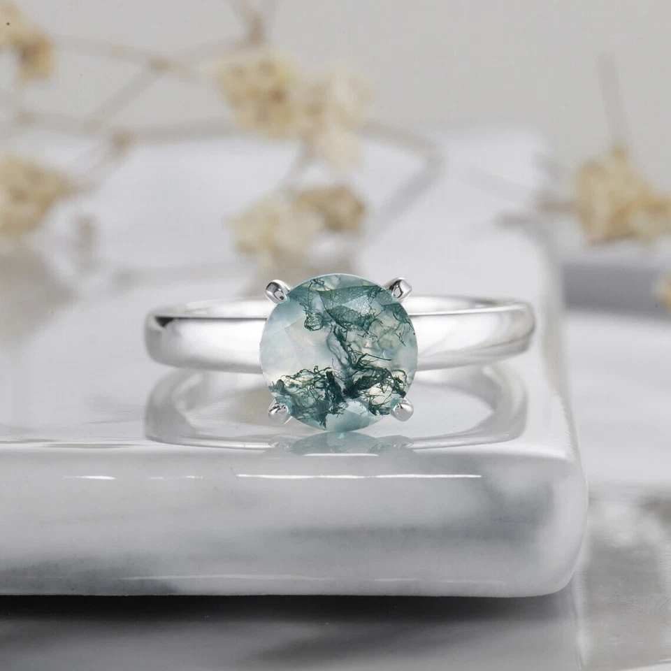 Anillo de compromiso solitario de ágata de corte redondo de 2 quilates enchapado en oro blanco de 14 quilates Foto 1 de 4