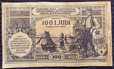 YUGOSLAVIA-100 LJUDI, ocupación alemana Segunda Guerra Mundial, billete raro-legitimación de refugiados Foto 1 de 2