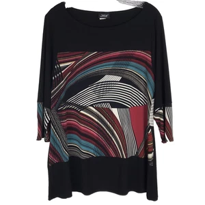 Jostar Tunika Top weiter Ausschnitt abstrakter Druck 3/4 Arm schwarz rot Large Made in USA - Bild 1 von 6