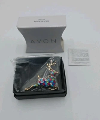 Avon Pave Reindeer Brooch (Gold Color) Multicolor Stones   Christmas NWB - Image 1 of 4