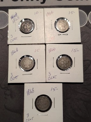 US Three Cent Lot of 5 Coins (2) 1866  (2) 1868 & (1)  1865  - Image 1 of 4