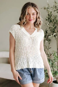 Beige Notched V Neck Short Sleeve Sweater - Picture 1 of 8