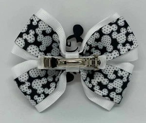 Girls Hair Bow 4" Wide Laser Cut Silhouette Mickey Mouse White Black Polka Dot - Picture 1 of 5