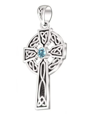 Colgante Cruz Celta Aguamarina Piedra Natal Marzo Plata de Ley 925 para Hombre, 39 mm Foto 1 de 4