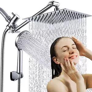 High Pressure Adjustable 8” Rain Square Shower Head with Handheld Spray Combo - Picture 1 of 14