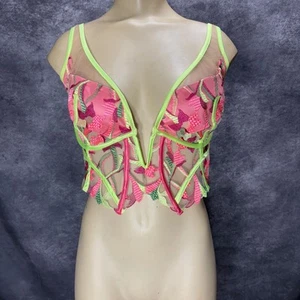 For Love & Lemons Petunia Embroidery Bustier Size 36D Pink Green Sexy Fairy - Picture 1 of 10
