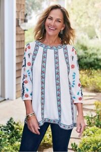 SOFT SURROUNDINGS $130 Eleandra Gauze Embroidered Lined Tunic Top Size Large