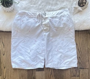 Mens White Large Swim Trunks Pink Skull Cross Bones Mesh Lined Board Shorts EUC - Picture 1 of 2