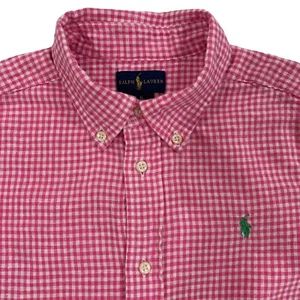 Ralph Lauren Youth Pink White Gingham Check Button Down Shirt Size 6 Linen Blend - Picture 1 of 9