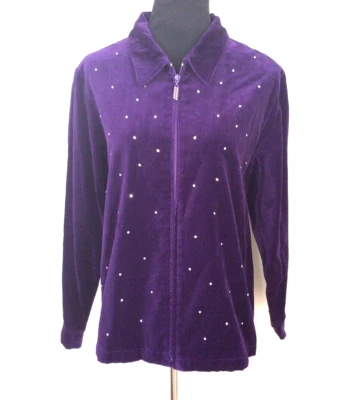 QUACKER FACTORY Womens Purple Velvet Rhinestones 100% Cotton Full Zip Jacket SzL - Image 1 of 4