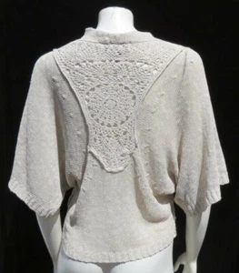 CURIO Beige Linen Cotton Crochet Lace Wide ¾ Sleeves Cardigan Sweater Top US M - Picture 1 of 5
