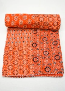 Vintage Kantha Quilt Patchwork Throw Bohemian Bedspread Block Print Bed Cover - Picture 1 of 4