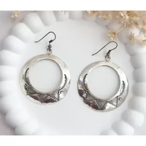Rare Ike Wilson 1930's Etched Navajo Bow Arrow Pictomark Vintage Hoop Earrings - Picture 1 of 10