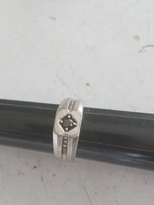 Men's Sterling 925 Black Diamond Center Ring W/ Clear Diamond Accented Sides - Picture 1 of 9