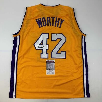 Autographed/Signed James Worthy Los Angeles LA Yellow Basketball Jersey JSA COA - Image 1 of 4