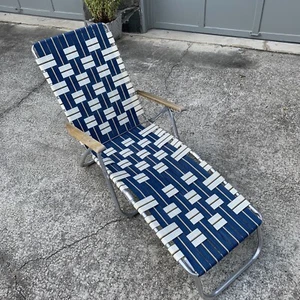 Vintage Webbed Aluminum Folding Chaise Lounge Lawn Chair Blue/White - Picture 1 of 8
