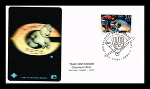 DR JIM STAMPS US COVER OLYMPIC BASEBALL FDC CINCINNATI REDS TEAM LOGO STICKER - Picture 1 of 2