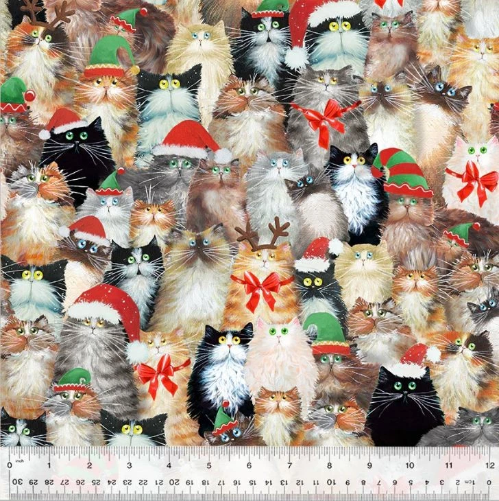 WINDHAM FABRICS Cotton Meowy Christmas Christmas Cats Hats Bows Fabric Print by Yard D604.14