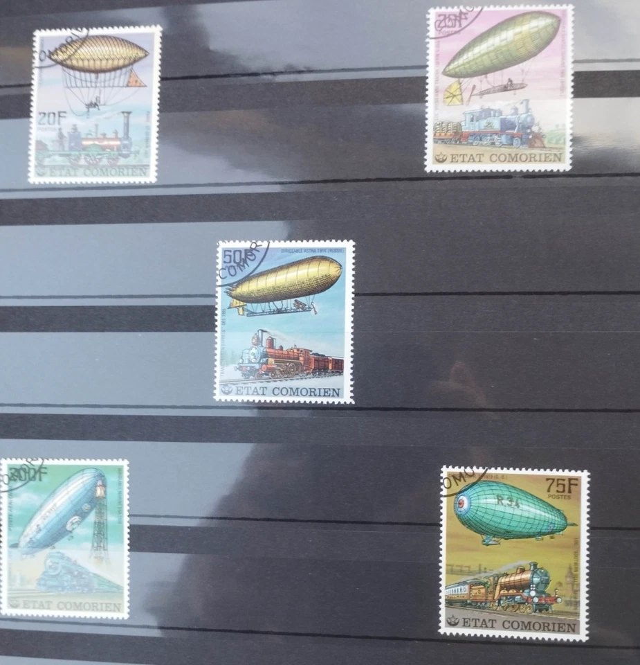 Comorien Railroad Zeppelin over Train  AIR BALLOON MONTGOLFIÈRE 5 STAMPS COMORO - Image 1 of 1