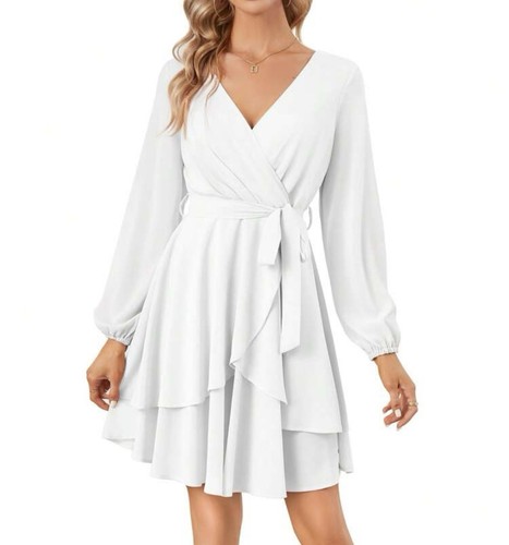 OFF WHITE Mini abito donna Shein taglia XL bianco sporco tinta unita volant boho fluente swing