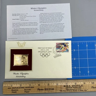 Estampillas de oro de 22kt de los Juegos Olímpicos de Invierno primer día de emisión 29 centavos bobsledding Foto 1 de 4