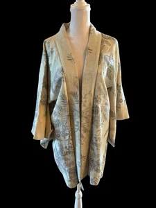 Japanische Vintage Seide Haori Kimono Jacke Blau Grau Creme Blumen Sechseck - Bild 1 von 17