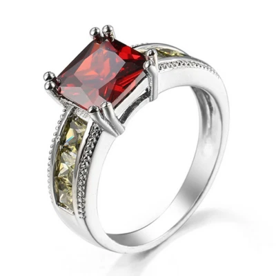 Bright Square Garnet Peridot Cubic Zirconia Silver Rings Size 6-10 Holiday Gift - Image 1 of 4