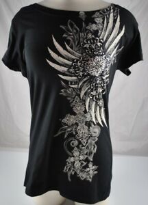 NWOT Crystal Saint Black White Graphic Shirt Embellished Rhinestone Stud Sz L P4