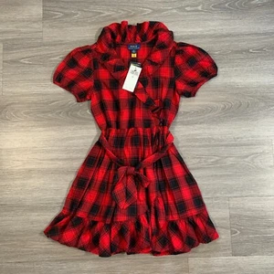 Polo Ralph Lauren Blouse Top Girls Sz 12 Buffalo Plaid Ruffle Wrap Tunic Belted - Picture 1 of 12