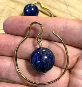 PAIR TRIBAL BRASS & LAPIS STONE HOOPS SPIRALS GAUGES EARRINGS EAR WEIGHTS - Picture 1 of 3