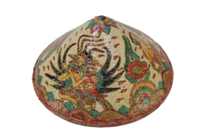 Vintage Erwachsene mehrfarbig ostasiatisch handbemalt Rattan Bambus Coolie Bauernhut - Bild 1 von 8