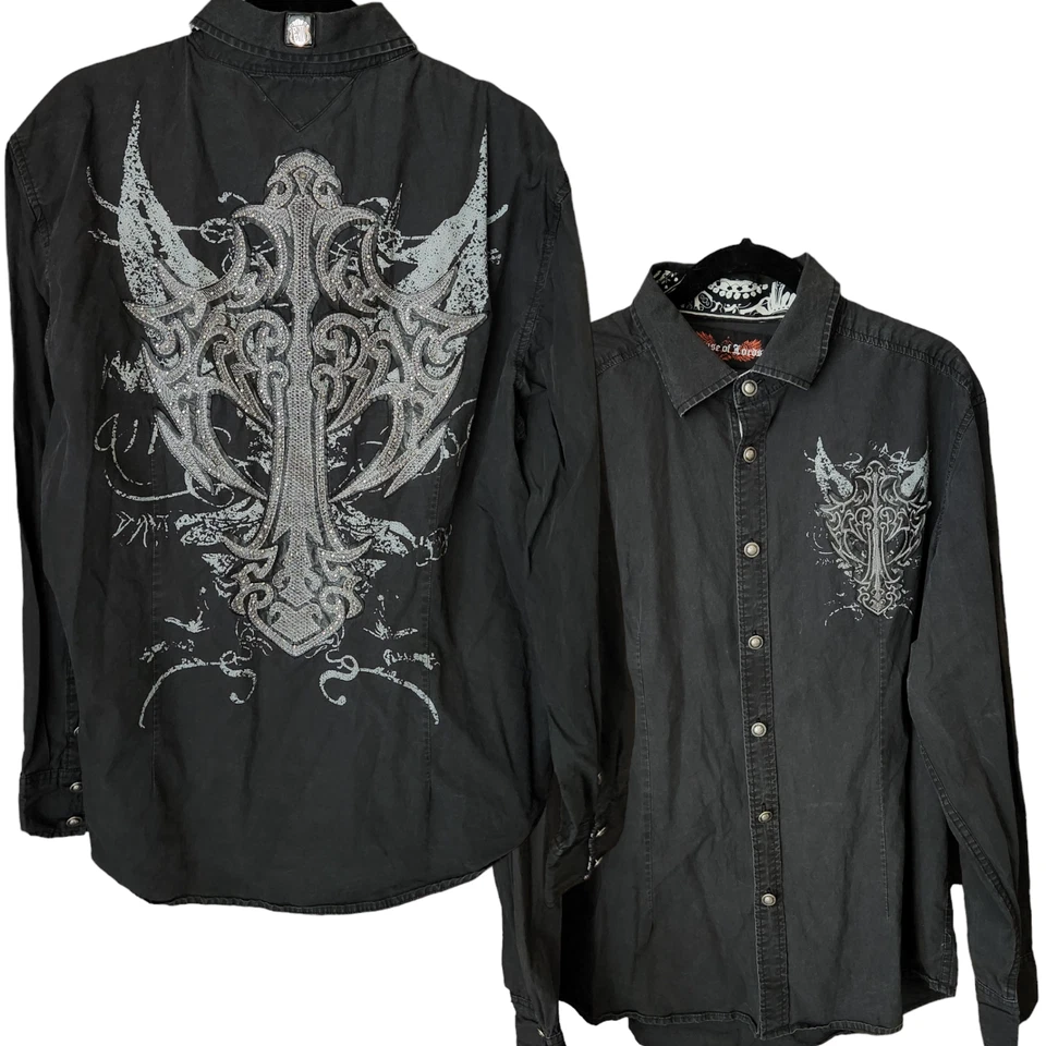 Y2K House of Lords Shirt Mens XXL Black Embroidered Metal Button Gothic Dragon - Image 1 of 4