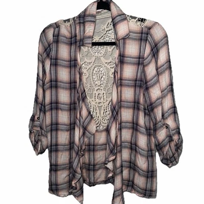 Cárdigan Xhilaration Cuadros Frente Abierto Medio Encaje Espalda Transparente Cortina Pestaña Enrollable Foto 1 de 4