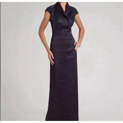 Tadashi Shoji 海军蓝亮片披肩领缎面翻领正式礼服 6 码帽袖 — 第 1/4 张图片