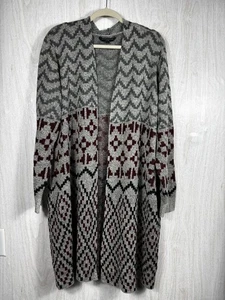 Signature Studio Plus 3X Open Front Cardigan Gray Maroon Boho Geometric - Picture 1 of 8