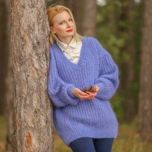 SuperTanya blau Fuzzy Mohair Pullover dick V-Ausschnitt Handarbeit Pullover, Größe L-XL - Bild 1 von 7