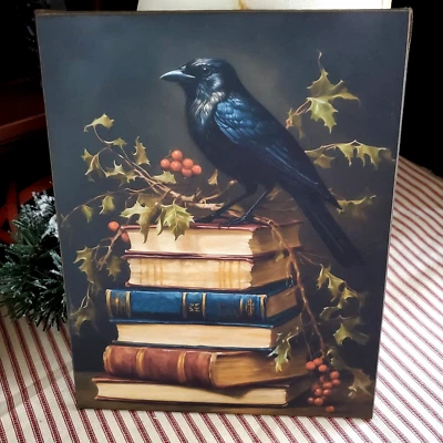 STEAMPUNK GOTHIC PRIMITIVE VICTORIAN VINTAGE STYLE CHRISTMAS CROW BOOKS SIGN - Image 1 of 4