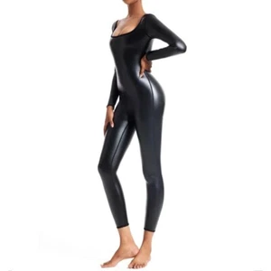 Leder-Optik Jumpsuit Catsuit sexy Overall Matt Langarm Shapewear Einteiler S-4XL - Bild 1 von 10