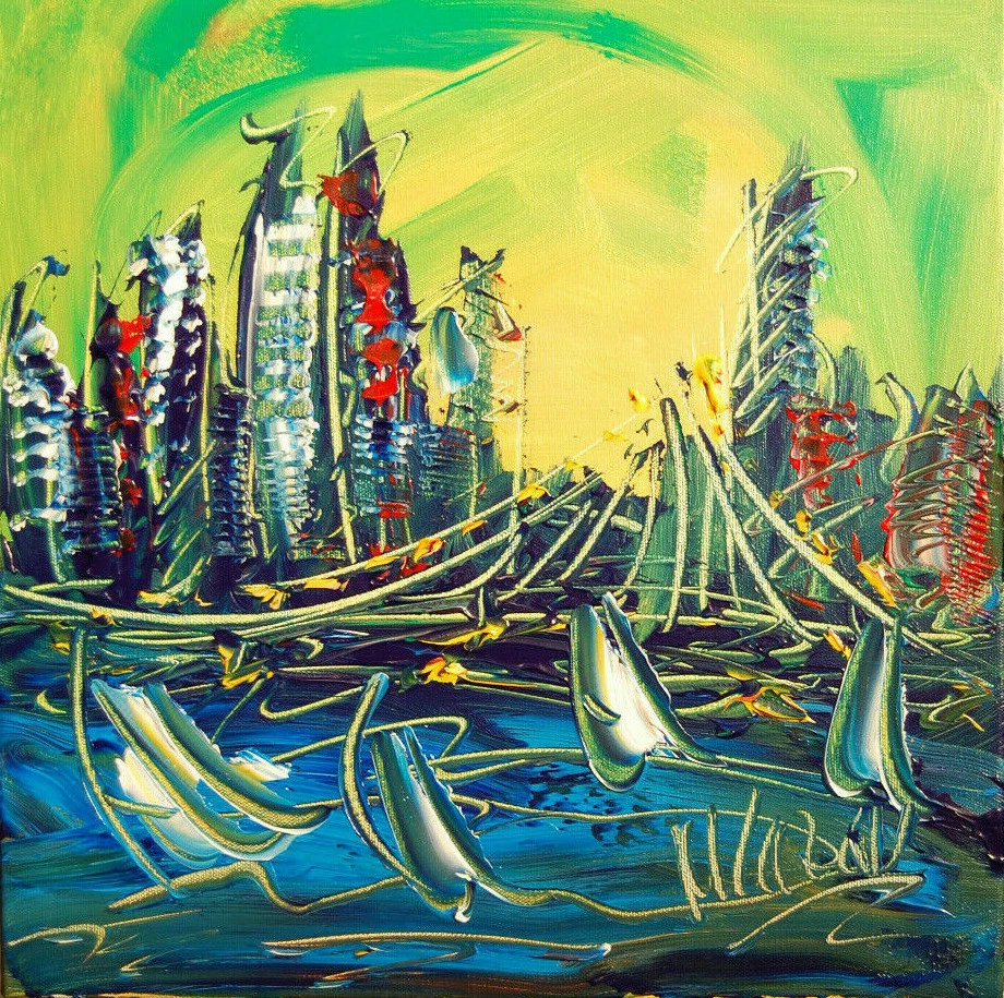 CITY SKYLINE    PAINTING BY MARK KAZAV  Modern  Original Oil Abstract 34F4 - Image 1 of 1