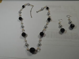 Sterling Chain CHOKER & Hanging EARRINGS Cultured Gray- White Pearls & Onyx SET