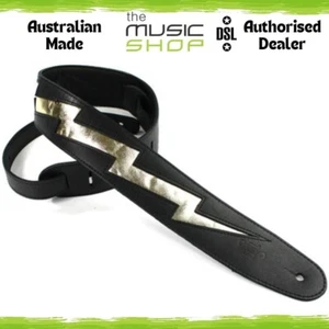 DSL Gold Lightning Bolt Black 2.5" Leather Guitar Strap - LIGHTBOLT25-GOLD - Picture 1 of 1