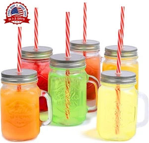 Juego De 6 Vasos De Vidrio 16 Oz Con Tapa Y Popote Para Cafe Caliente Frio Set - Picture 1 of 8