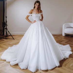 Elegant A-Line Wedding Dresses Boat Neck Backless Lace Appliques Bridal Gowns - Picture 1 of 10