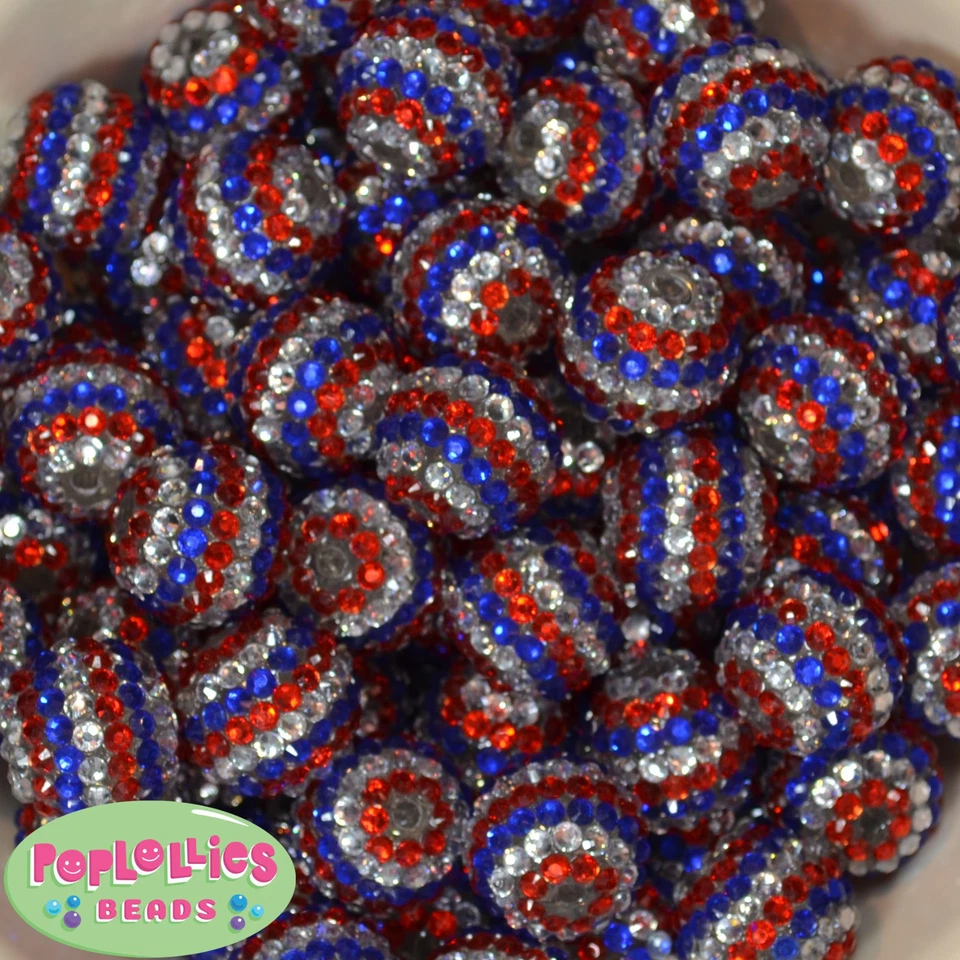 20毫米红色银色皇家蓝色条纹水钻泡泡糖珠20件爱国 — 第 1/1 张图片
