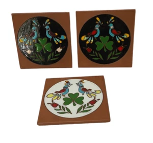Vintage 3 Hand Painted Enamel Tile Coster's Pennsylvania Dutch Irish Hex Signed - Picture 1 of 9