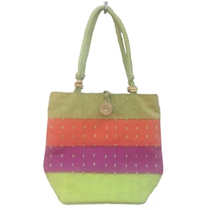 Burlap Purse Tote Bag Wood Button Cord Close Green Orange Fuchsia Jute Cottage - Picture 1 of 8