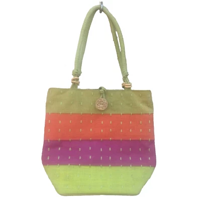 Cartera de arpillera Bolso de mano Madera Botón Cordón Cierre Verde Naranja Fucsia Yute Casa de campo Foto 1 de 4